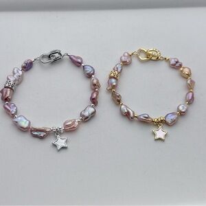 X264 Handmade Freshwater Keshi Pearl Bracelet with MOP Star Charm 7” Long
